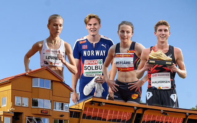 Anne Gine Løvnes, Ole Jakob Solbu, Ingeborg Østgård og Andreas Fjeld Halvorsen er noen av de norske løperne som kanskje kan ta en medalje i U23-EM på Fana Stadion i Bergen, som foregår 17. - 20. juli. (Foto: Bjørn Johannessen, Samuel Hafsahl, fotomontasje: Arne Dag Myking)