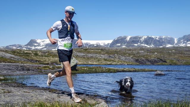 Leon Kjelland underveis på sin 34 km mens en firbeint tilskuer foretrekker en avkjøling i sommervarmen. (Foto: Kai-Otto Melau)