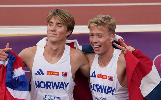 Andreas Dybdahl og Håkon Moe Berg sørget for dobbel norsk på 1500 meter i U20-EM: sølv til Andreas, gullet til Håkon. (Foto: Einar Børve)