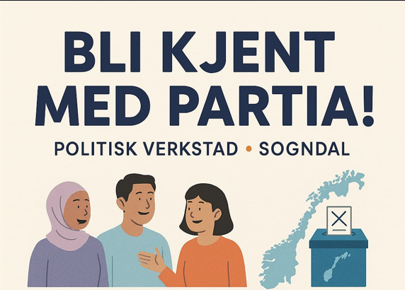 Illustrasjon med tre personar og teksten: Bli kjent med partia!