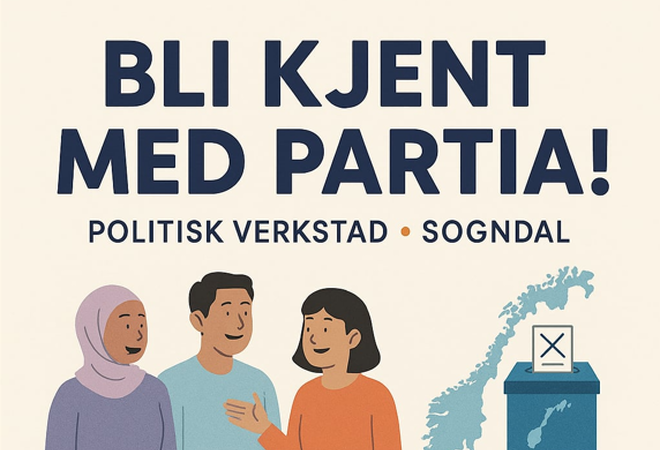 Illustrasjon med tre personar og teksten: Bli kjent med partia!