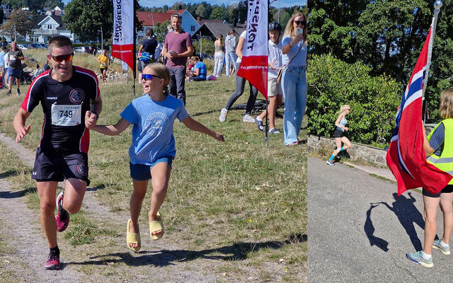 Idrettsglede med slippers på oppløpet. Jens Laurits Nielsen er mannen med startnummer. På bildet til høyre viser flaggvakten løperen nedover hagen til Edvard Munch i Åsgårdstrand. (Alle foto: Kjell Vigestad)