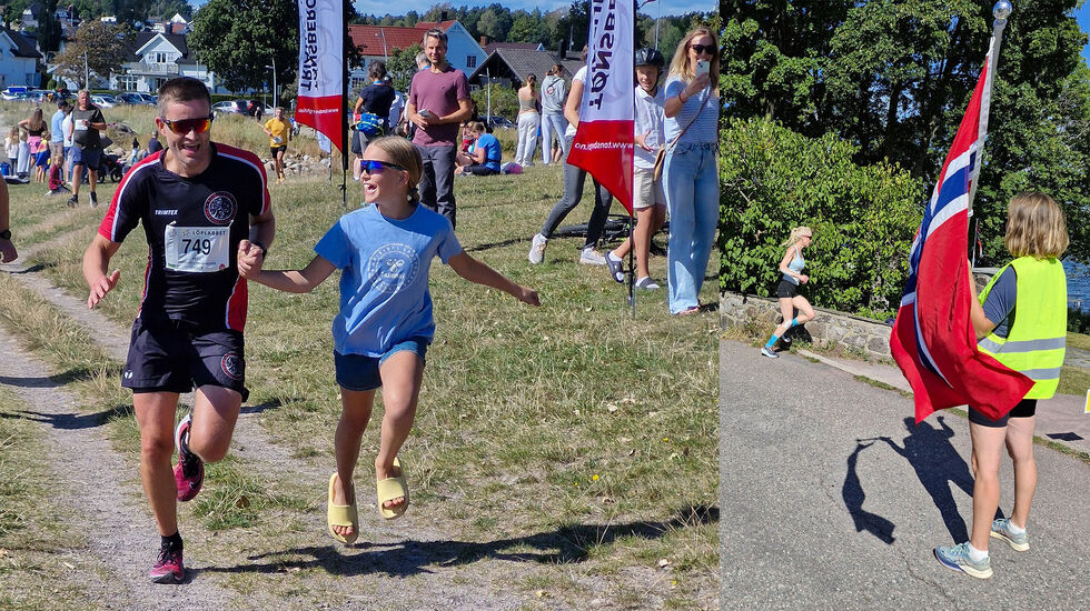 Idrettsglede med slippers på oppløpet. Jens Laurits Nielsen er mannen med startnummer. På bildet til høyre viser flaggvakten løperen nedover hagen til Edvard Munch i Åsgårdstrand. (Alle foto: Kjell Vigestad)