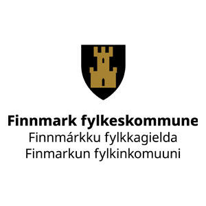 Finnmark fylkeskommunes logo. Illustrasjon av tårn med skyteskår (middelalderstil) i gull på svart skjold.
