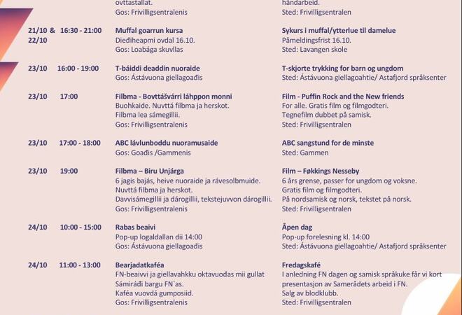 Bilde av programmet for Giellavahkku 2025/Samisk språkuke 2025 i Loabák-Lavangen.