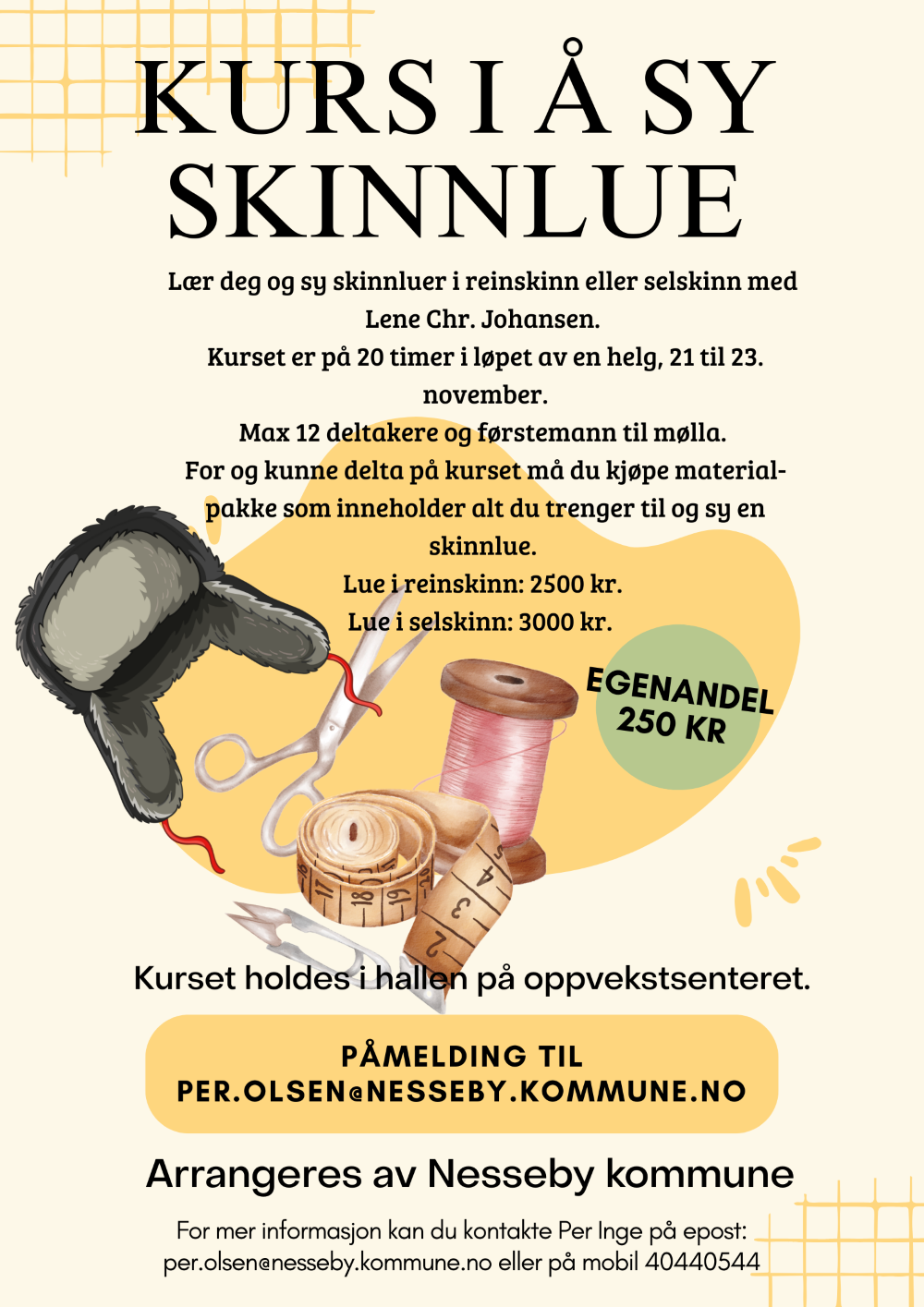Plakat av kurs i skinnluesøm