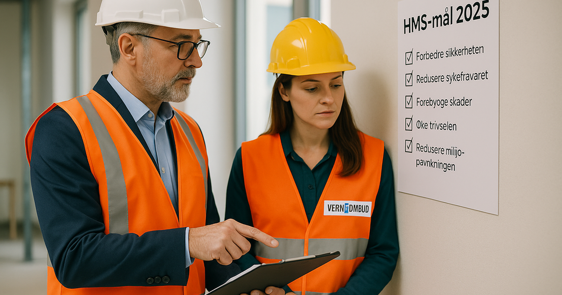 En leder og et verneombud vurderer årets HMS-mål på byggeplassen – et symbol på at god internkontroll starter med tydelig dialog og felles eierskap til sikkerhet og trivsel.