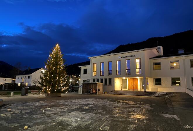 Kvit murbygning med juletre framfor.