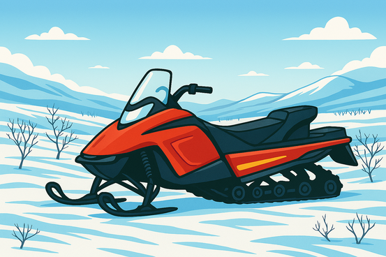 Illustrasjon av en rød snescooter i vinterlandskap