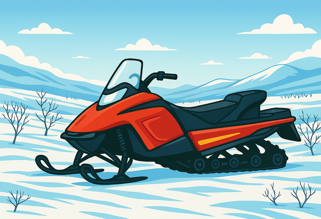 Illustrasjon av en rød snescooter i vinterlandskap