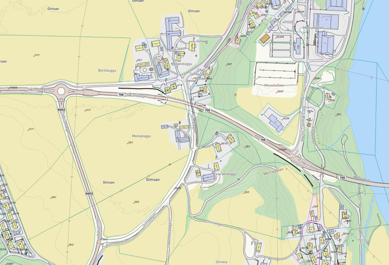 Gimsvegen er ikke lenger forkjørsveg. Foto: Skjermdump fra Norkart/Melhus kommune. Kart Gimsvegen
