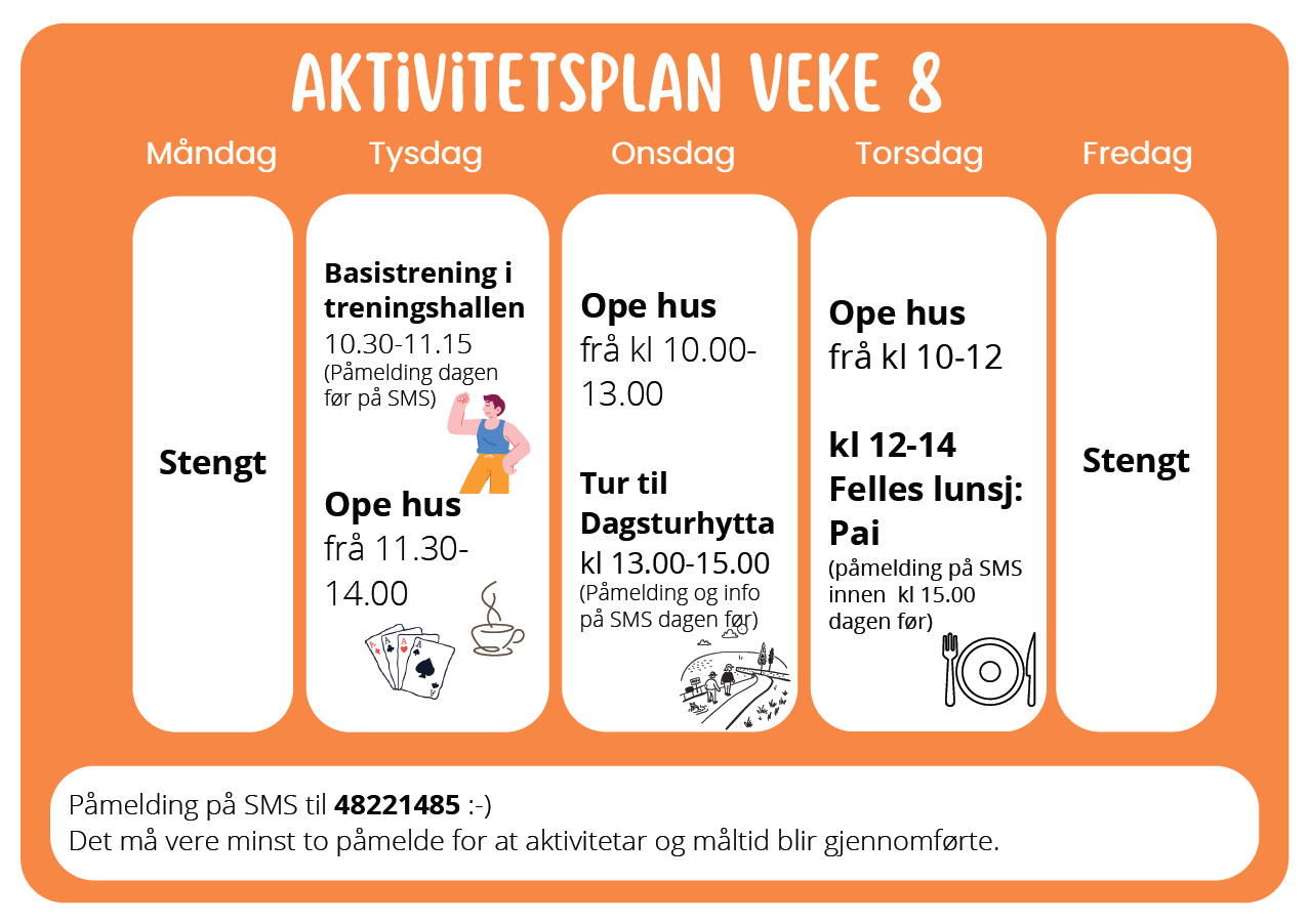 Aktivitetsplan veke 8 Måndag • Stengt Tysdag • Basistrening i treningshallen kl. 10.30–11.15 o Påmelding dagen før via SMS • Ope hus 11:30-14:00. Onsdag • Ope hus frå 11.30–13.00 • Tur til Dagsturhytta kl. 13–15 • Påmelding og i