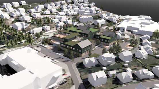 Illustrasjon av Nye Trudvang Skule sett i fugleperspektiv frå vest