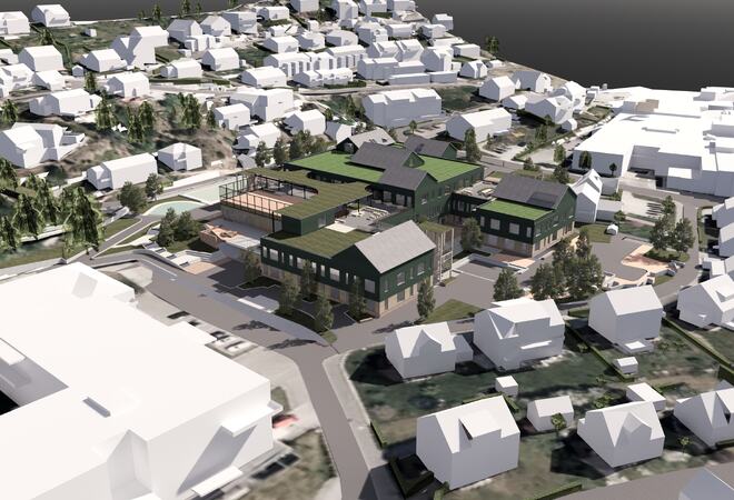 Illustrasjon av Nye Trudvang Skule sett i fugleperspektiv frå vest