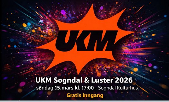 Orange UKM-logo, tekst som fortel at dte er 15. mars klokka 17 på Sogndal kulturhus. Gratis inngang.