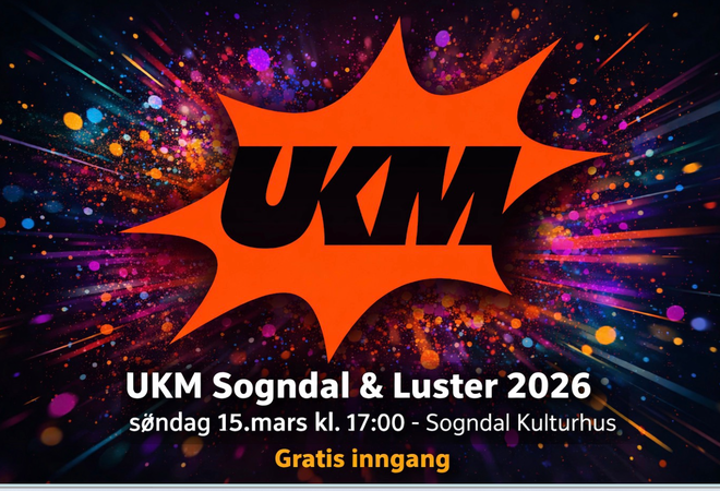 Orange UKM-logo, tekst som fortel at dte er 15. mars klokka 17 på Sogndal kulturhus. Gratis inngang.