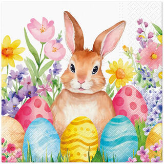 Hare, omgitt av påskeegg og vårblomster