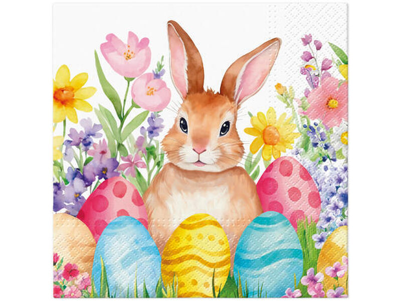 Hare, omgitt av påskeegg og vårblomster