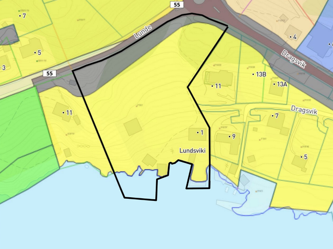Bilete som syner at planen gjeld frå rundkøyringa på Dragsvik og eit stykke bortover i retning mot Balestrand, på nedsida av vegen heilt ned til fjorden.