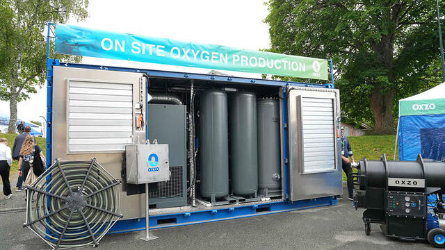 Oksygengenerator-containeren utstilt på Aqua Nor 2025 (Foto: Schneider Electric). Gir gass på lokalproduserte oksygengeneratorer for bedre fiskevelferd og økt bærekraft