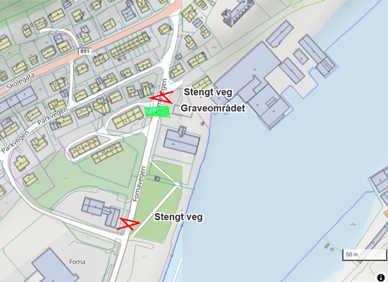 På bilde: Kart over Foma området. Stengsel settes opp ved de røde avmerkingene på kartet. Graveorådet markert i grønt.