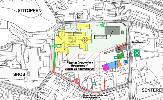 På bilete ser ein oppe i høgre hjørnet illustert området kvar den midlertidige hallen er plassert. På bilete ser ein oppe i høgre hjørnet illustert området kvar den midlertidige hallen er plassert.
