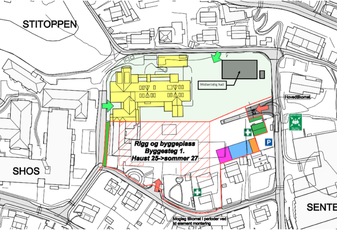 På bilete ser ein oppe i høgre hjørnet illustert området kvar den midlertidige hallen er plassert.