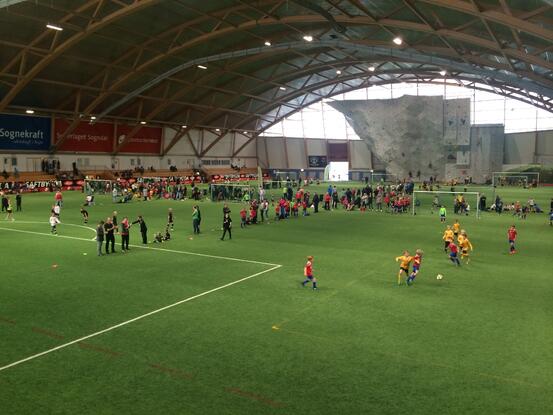 Bilete av fleire fotballbaner med ungar som spelar turnering.