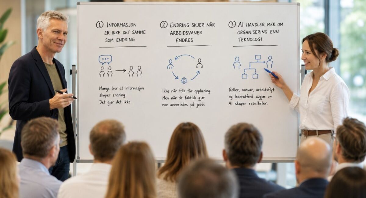 Å informere om en endring er ikke det samme som å skape en endring. Varig omstilling skjer først når nye arbeidsmåter blir en del av hverdagen. Å informere om en endring er ikke det samme som å skape en endring. Varig omstilling skjer først når nye arbeidsmåter blir en del av hverdagen.