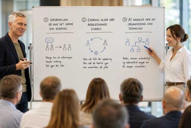 Å informere om en endring er ikke det samme som å skape en endring. Varig omstilling skjer først når nye arbeidsmåter blir en del av hverdagen. Å informere om en endring er ikke det samme som å skape en endring. Varig omstilling skjer først når nye arbeidsmåter blir en del av hverdagen.