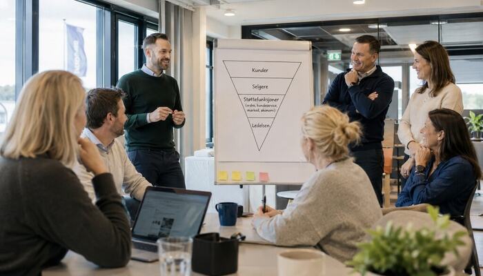 Da kundene og selgerne ble satt øverst, fikk ledelsen og støttefunksjonene et tydeligere ansvar for å fjerne hindringer, støtte salgsarbeidet og skape bedre verdi for kunden. Da kundene og selgerne ble satt øverst, fikk ledelsen og støttefunksjonene et tydeligere ansvar for å fjerne hindringer, støtte salgsarbeidet og skape bedre verdi for kunden.